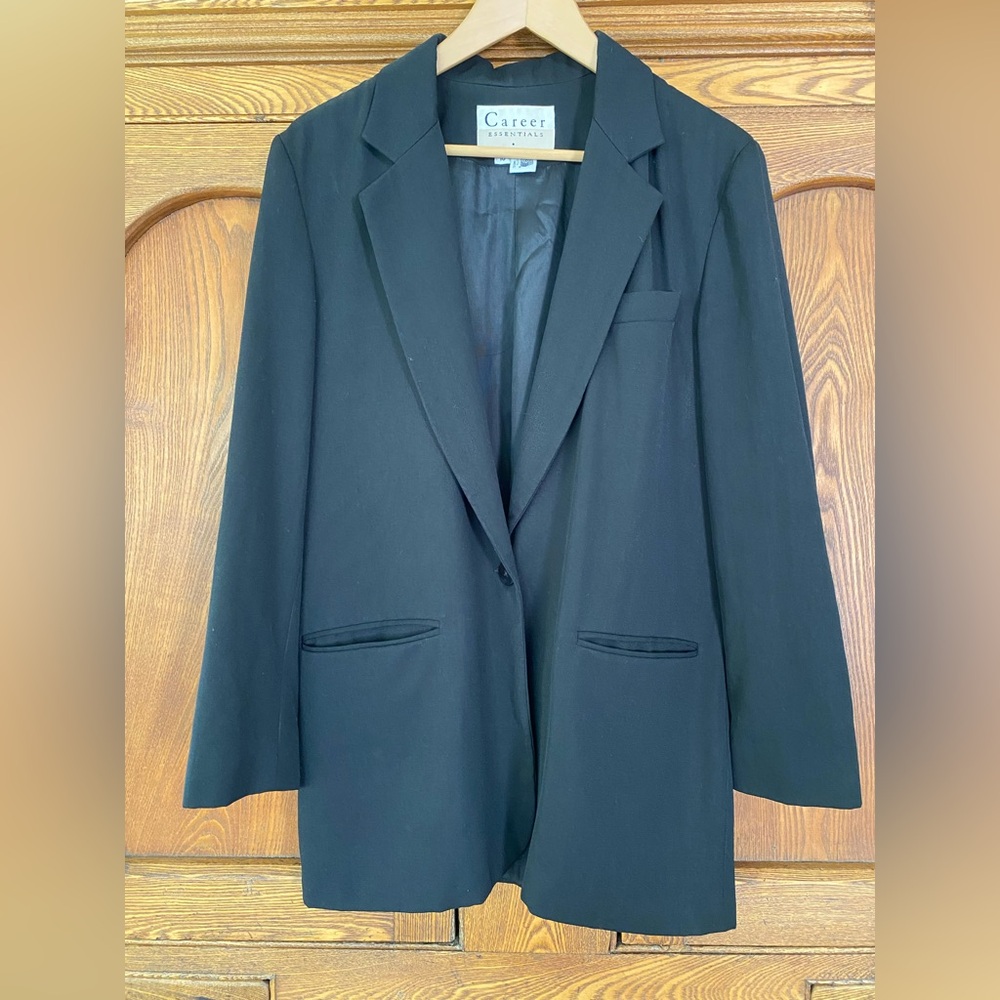 Career Essentials 10 M oversize longline one button blazer black 100% wool twill